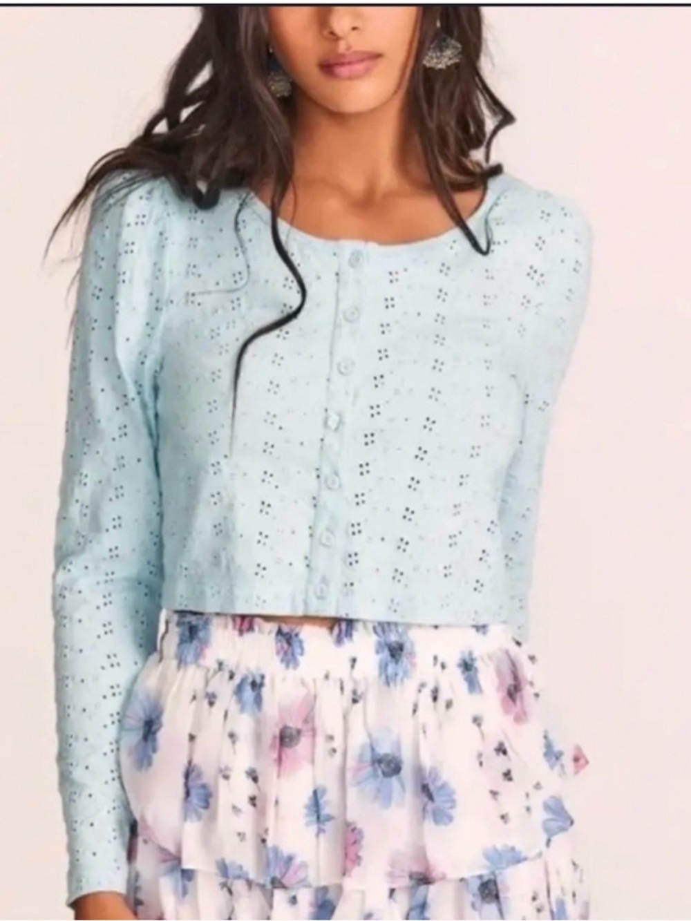 Love Shack Fancy Jonah Crop Cardigan XL Powder Blue Coquette Feminine Chic